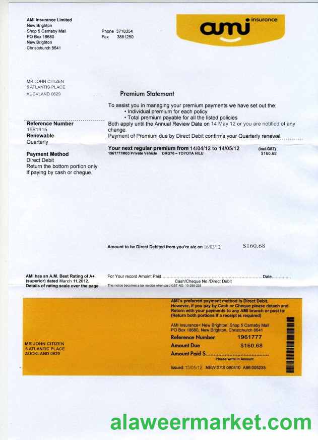 New Zealand AMI proof of address bank statement template